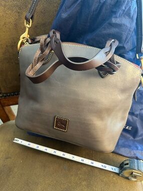 Genuine Dooney & Bourke Slate Gray Leather Handbag with Brown Straps